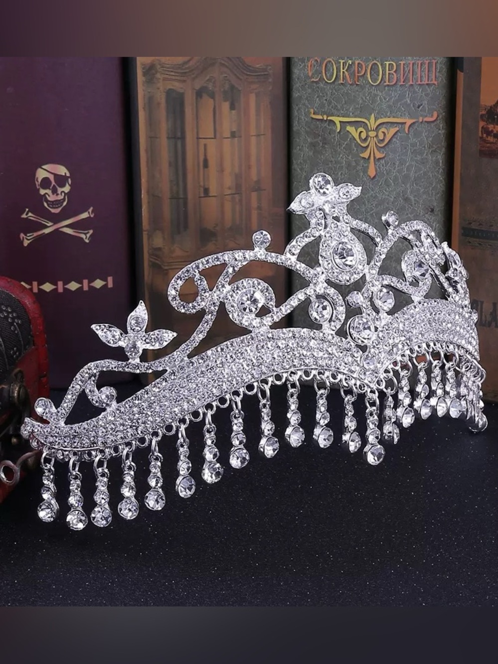 Silver Crystal Rhinestone Tiara Crown with Dangling Drops
